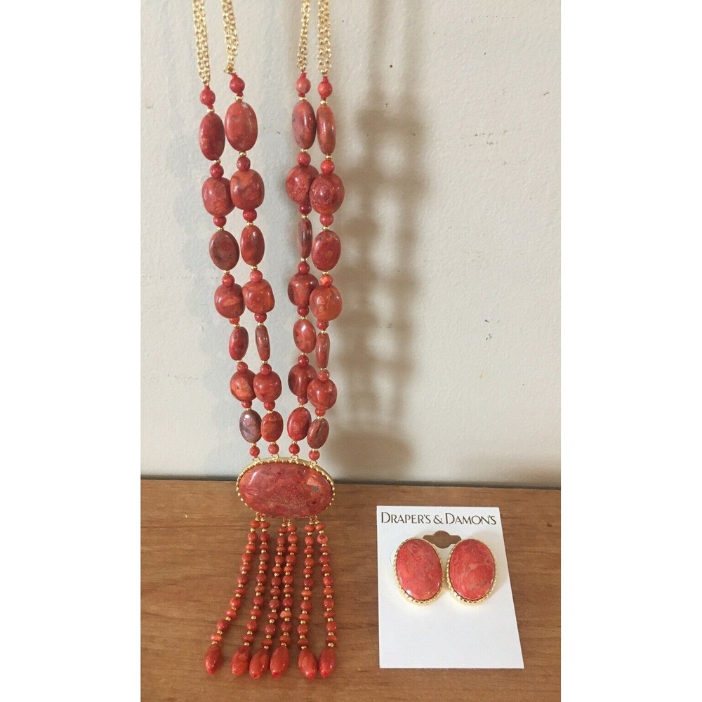 Coral Goldtone DRAPER'S & DAMON'S Necklace and Pierced Earring Set - New on Card
